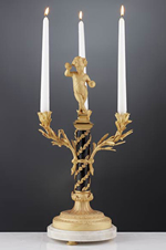 Pair Versaillies Candelabra Patinated Bronze Column Bianco Marble Base 24ct. Gold Plated - Cherub with Cymbal & Cherub with Flute